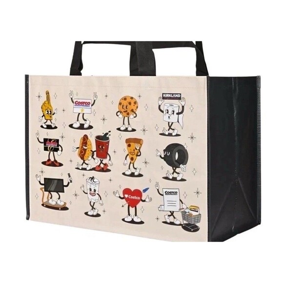 Costco Cartoon Highlights Reusable Shopping Tote Bag Kirkland Heavy Duty 4-Pack - Picture 1 of 7